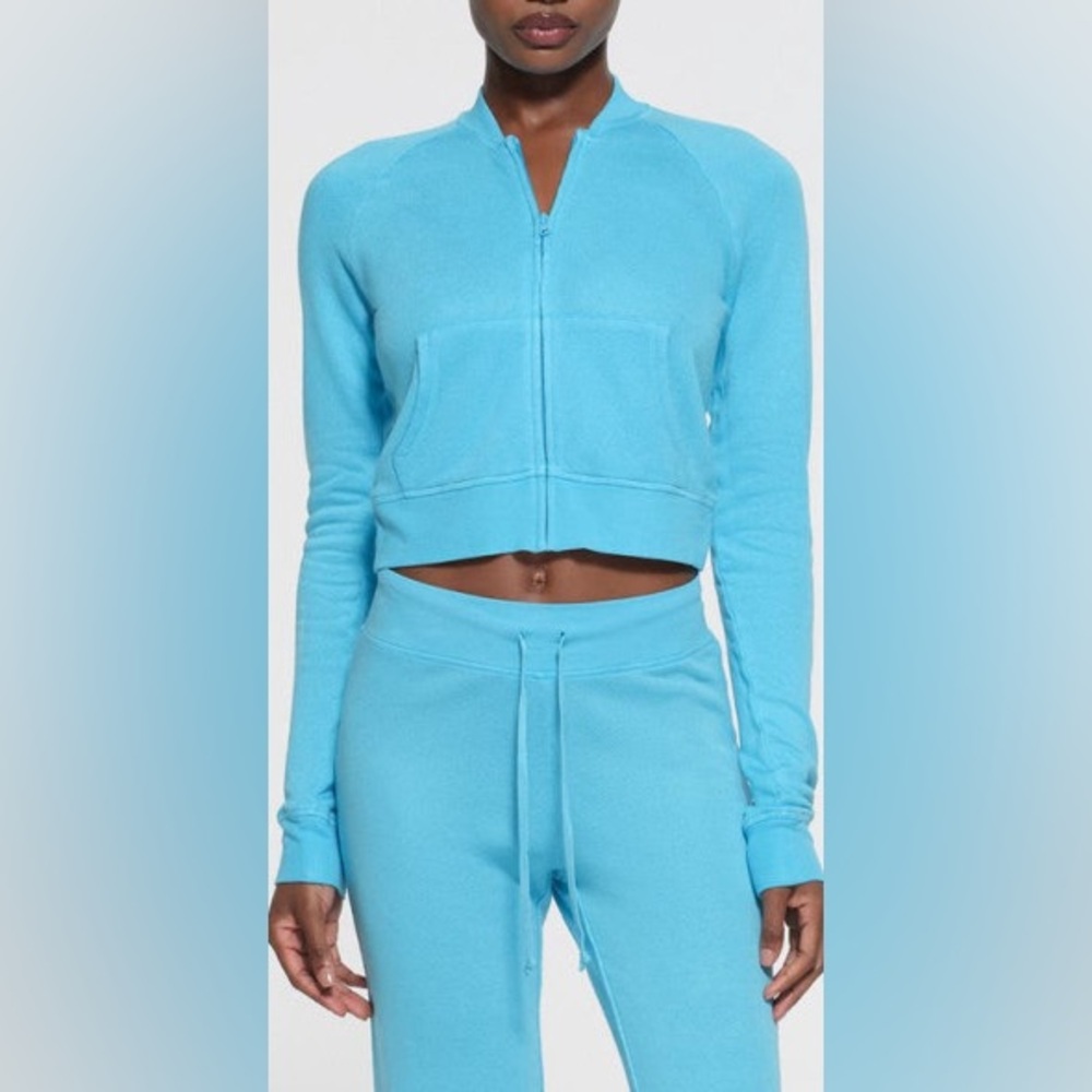NWT SKIMS Sport French Terry Shrunken Zip Cardigan in Cyan Size XL